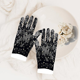 Stone Embellished Dressy Floral Lace Wedding Gloves