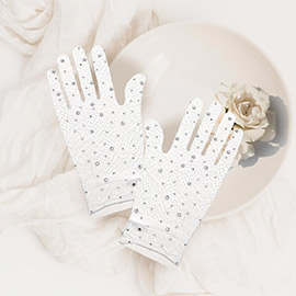 Stone Embellished Dressy Floral Lace Wedding Gloves