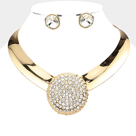 Round Rhinestone Paved Pendant Accented Metal Evening Choker Necklace