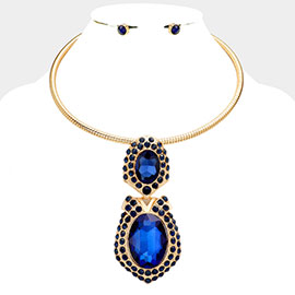 Oval Rhinestone Accented Hammered Metal Pendant Statement Necklace