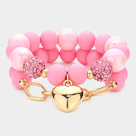2PCS - Heart Shamballa Glass Wood Ball Stretch Bracelets