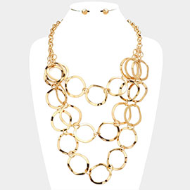 Hammered Metal Ring Link Layered Statement Necklace