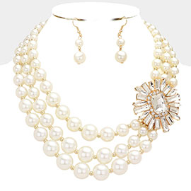Multi Stone Accented Multi Layered Pearl Necklace