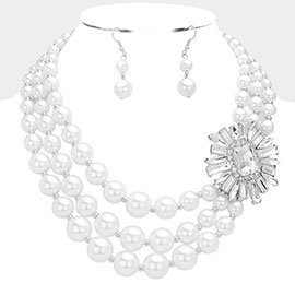 Multi Stone Accented Multi Layered Pearl Necklace