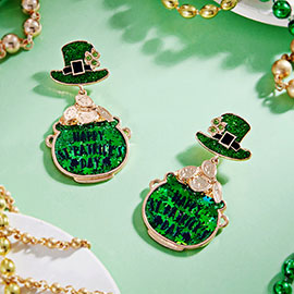Happy St Patricks Day Message Clover Hat Dangle Earrings