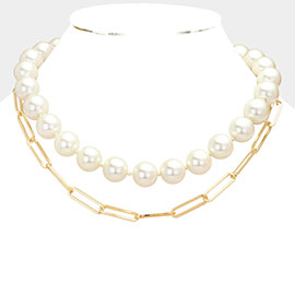 Pearl Station Metal Paper Clip Chain Layered Necklace