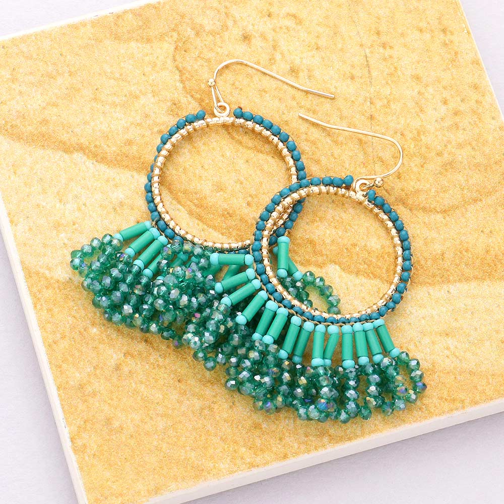 Seed Beaded Fringe Metallic Tiered Circle Dangle Earrings