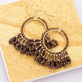 Seed Beaded Fringe Metallic Tiered Circle Dangle Earrings