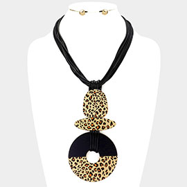Faux Leather Abstract Leopard Print Pendant Statement Necklace