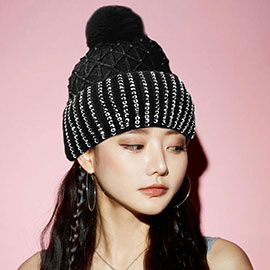 Fleece Lining Rhinestone Embellished Pom Pom Beanie Hat