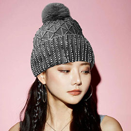 Fleece Lining Rhinestone Embellished Pom Pom Beanie Hat