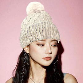 Fleece Lining Rhinestone Embellished Pom Pom Beanie Hat