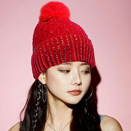 Fleece Lining Rhinestone Embellished Pom Pom Beanie Hat