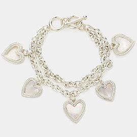 Mother Of Pearl Turquoise Heart Charm Layered Toggle Bracelet