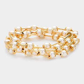 5PCS - Pearl Metal Bar Stretch Multi Layered Bracelets