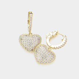 CZ Stone Paved Heart Dangle Huggie Earrings