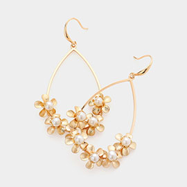 Metal Pearl Flower Teardrop Dangle Earrings