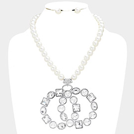 Multi Stone Embellished Double Open Circle Link Pendant Pearl Necklace