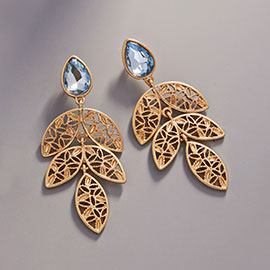 Teardrop Glass Stone Metal Filigree Leaves Dangle Earrings