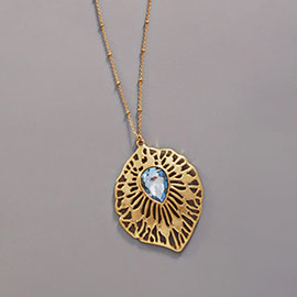 Teardrop Stone Embellished Metal Abstract Filigree Pendant Long Necklace