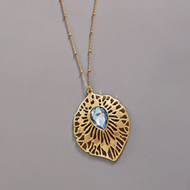 Teardrop Stone Embellished Metal Abstract Filigree Pendant Long Necklace