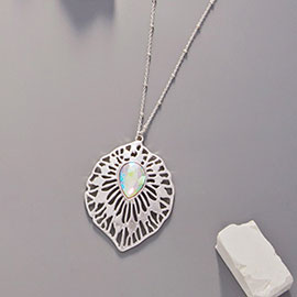 Teardrop Stone Embellished Metal Abstract Filigree Pendant Long Necklace