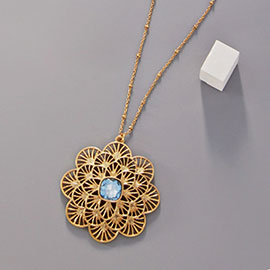 Square Glass Stone Accented Metal Filigree Flower Pendant Long Necklace