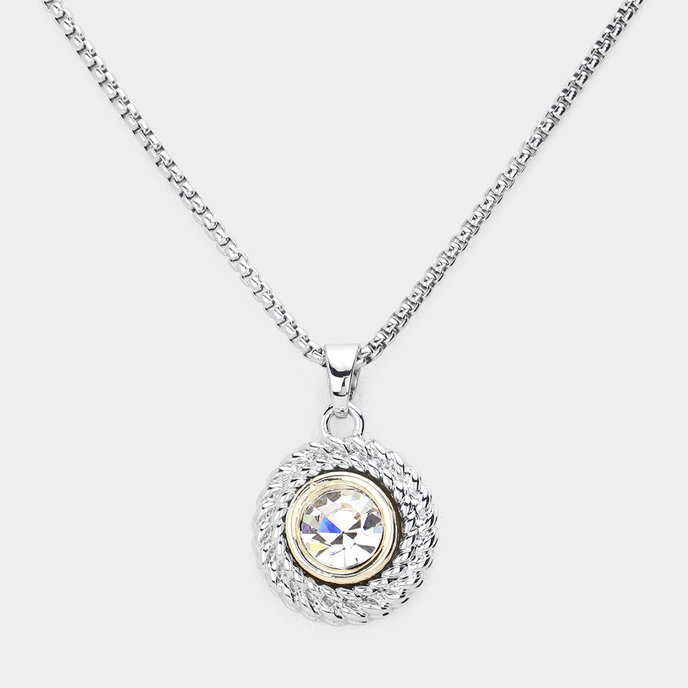 Round Stone Accented Rope Metal Pendant Necklace