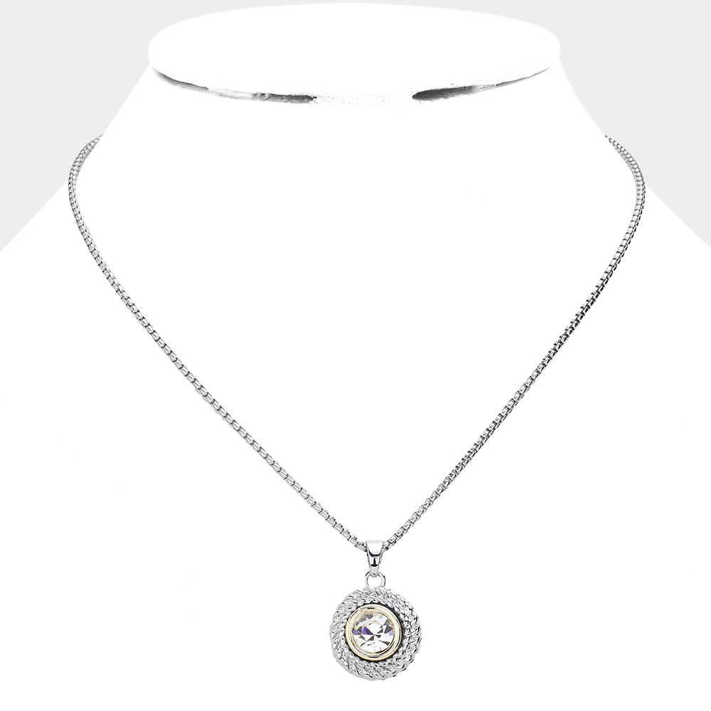 Round Stone Accented Rope Metal Pendant Necklace