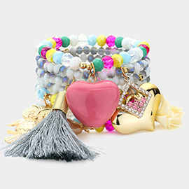 7PCS - Heart Owl Flower Tassel Faceted Beaded Stretch Bracelets