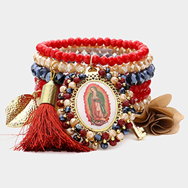 7PCS - Mother Maria Leaf Flower Butterfly Heart Tassel Faceted Beaded Stretch Bracelets