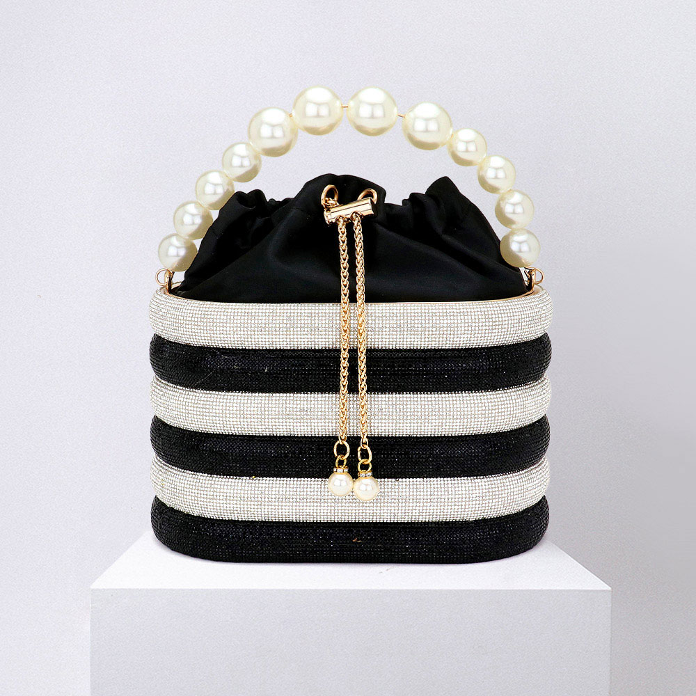 Bling Pearl Top Handle Drawstring Box Crossbody Bag