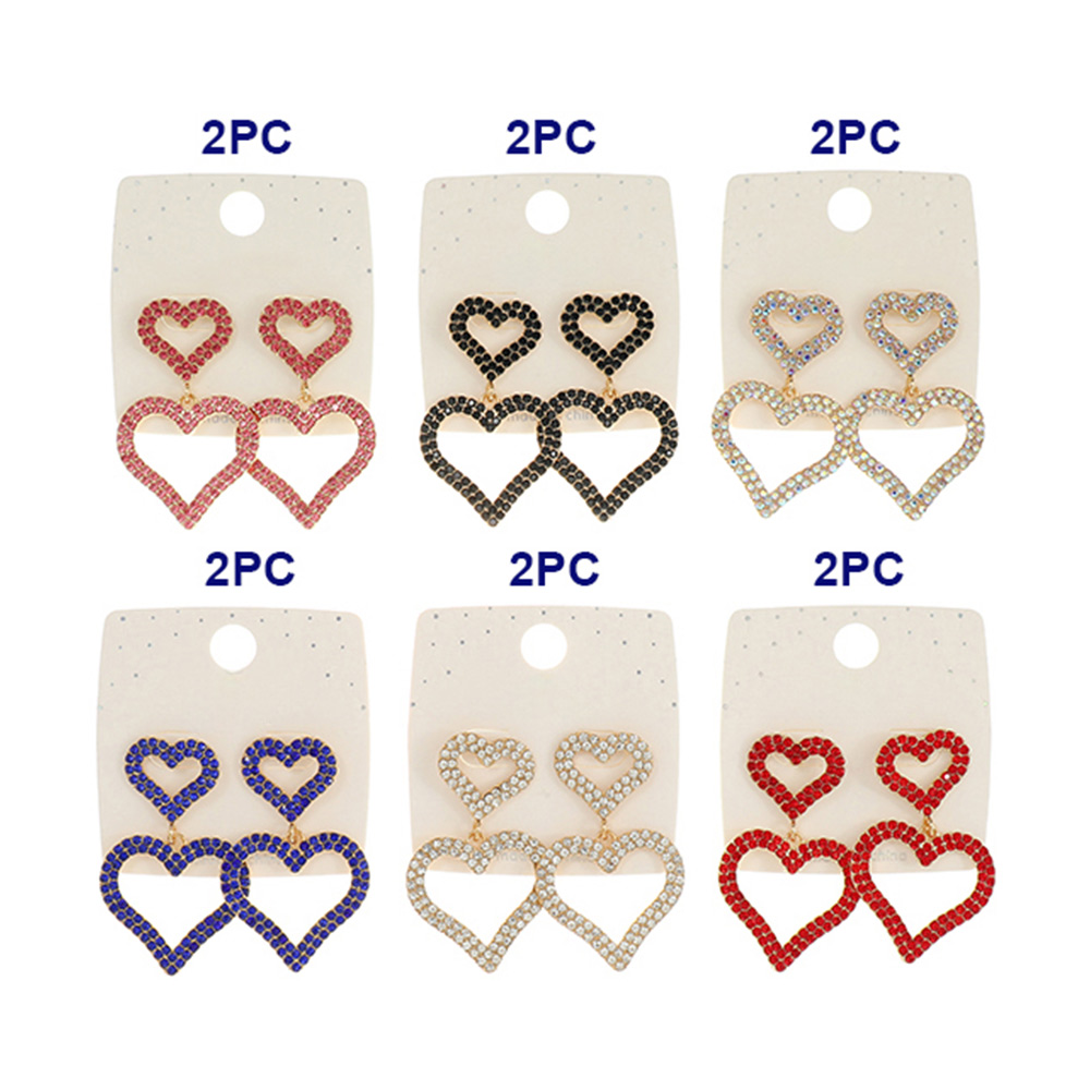 12PAIRS - Stone Paved Double Open Heart Dangle Earrings