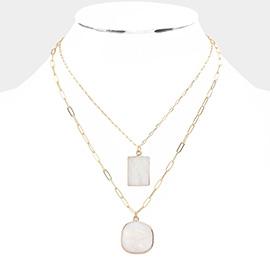 Mother Of Pearl Rectangle Round Pendant Double Layered Necklace