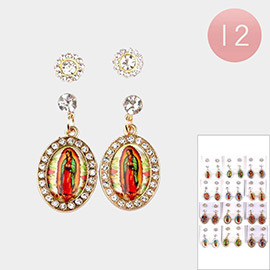12 SET OF 2 - Round Stone Stud Our Lady of Guadalupe Tapestry Prayer Pendant Dangle Earrings