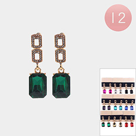 12PAIRS - Rectangle Glass Stone Dangle Earrings