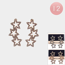 12PAIRS - Stone Paved Triple Star Dropdown Earrings