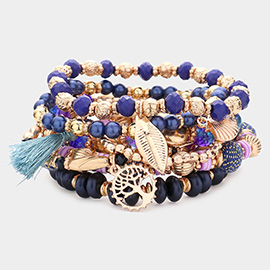 7PCS - Faceted Beads Rose Beaded Tassel Leaf Shell Tree Of Life Charm Stretch Multi Layered Bracelets