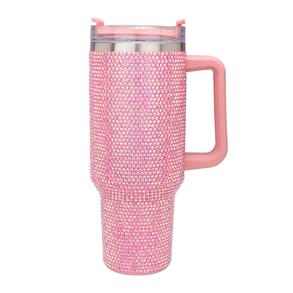 HOT PINK RHINESTONES 40OZ STAINLESS STEEL TUMBLER W/HANDLE