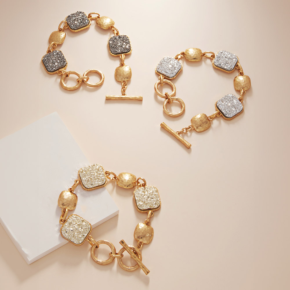 Square Druzy Pointed Metal Oval Chain Link Toggle Bracelet