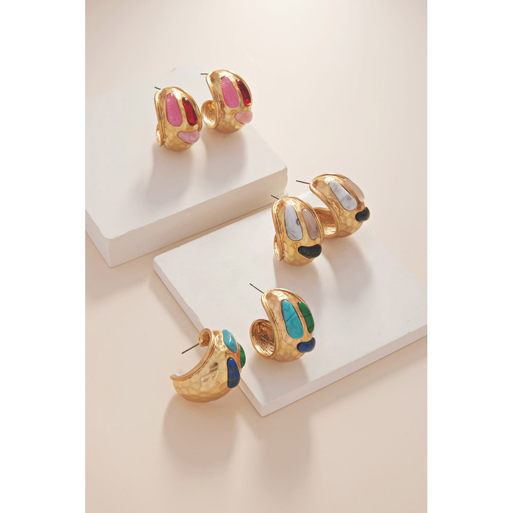 Natural Stone Accented Hammered Metal Hoop Earrings