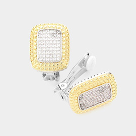 Two Tone CZ Stone Paved Rectangle Clip On Earrings