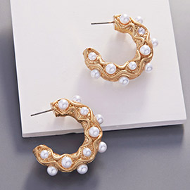 Pearl Embellished Textured Metal Hoop Earrings