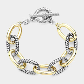 Two Tone Textured Metal Cable Link Toggle Bracelet