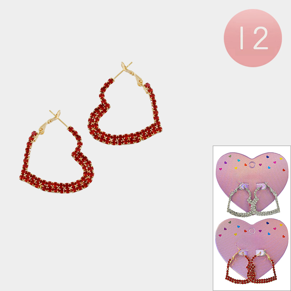 12PAIRS - Stone Paved Heart Hoop Earrings