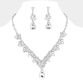 Teardrop Round Stone Accented Leaf Evening Necklace