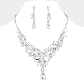 Teardrop Round Stone Accented Leaf Cluster Evening Necklace