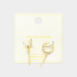 14K Gold Dipped Drop Bar CZ Paved Huggie Earrings