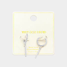 White Gold Dipped Drop Bar CZ Paved Huggie Earrings