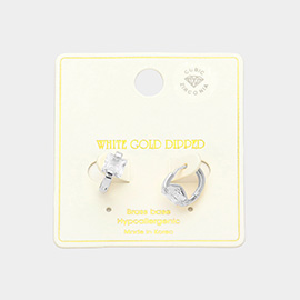 White Gold Dipped Princess Cut CZ Stone Huggie Earrings